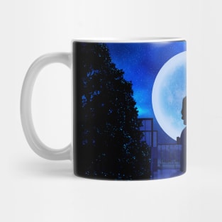 A boy and a girl are standing and making love in the moonlight. Mug